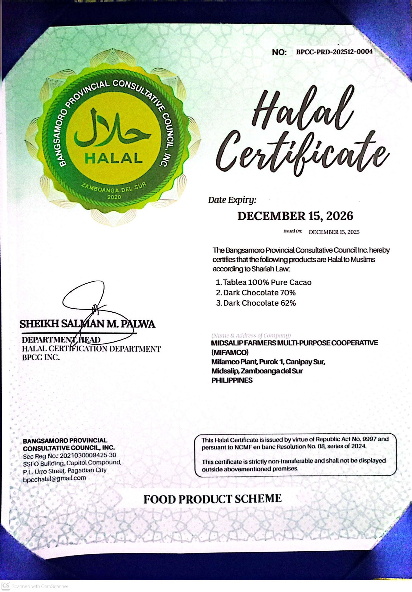 MIFAMCO Halal Certificate for Tablea and Dark Chocolate