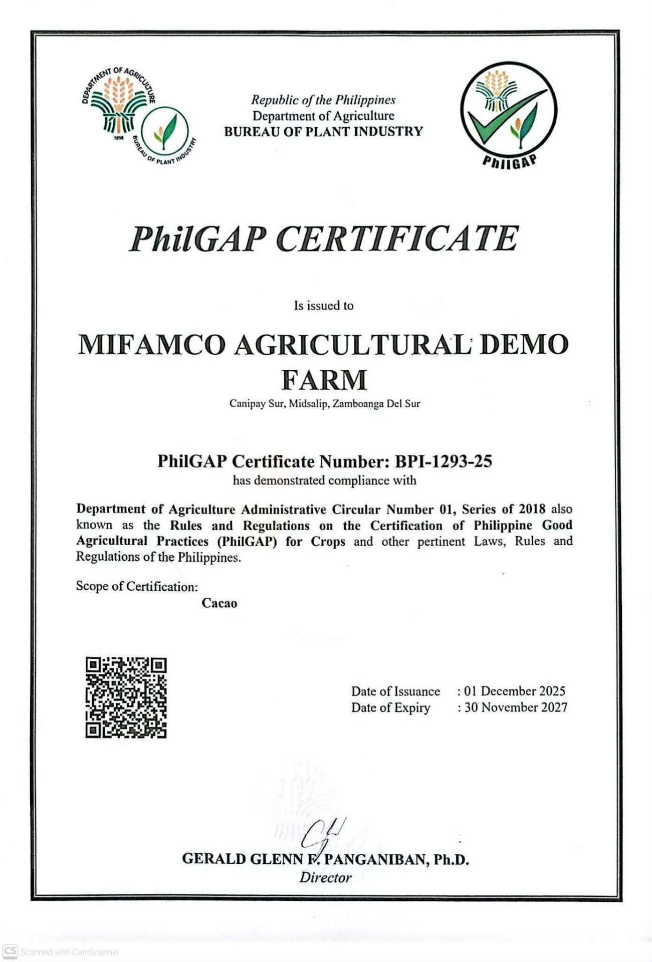 PhilGAP Certificate issued to MIFAMCO Agricultural Demo Farm for cacao