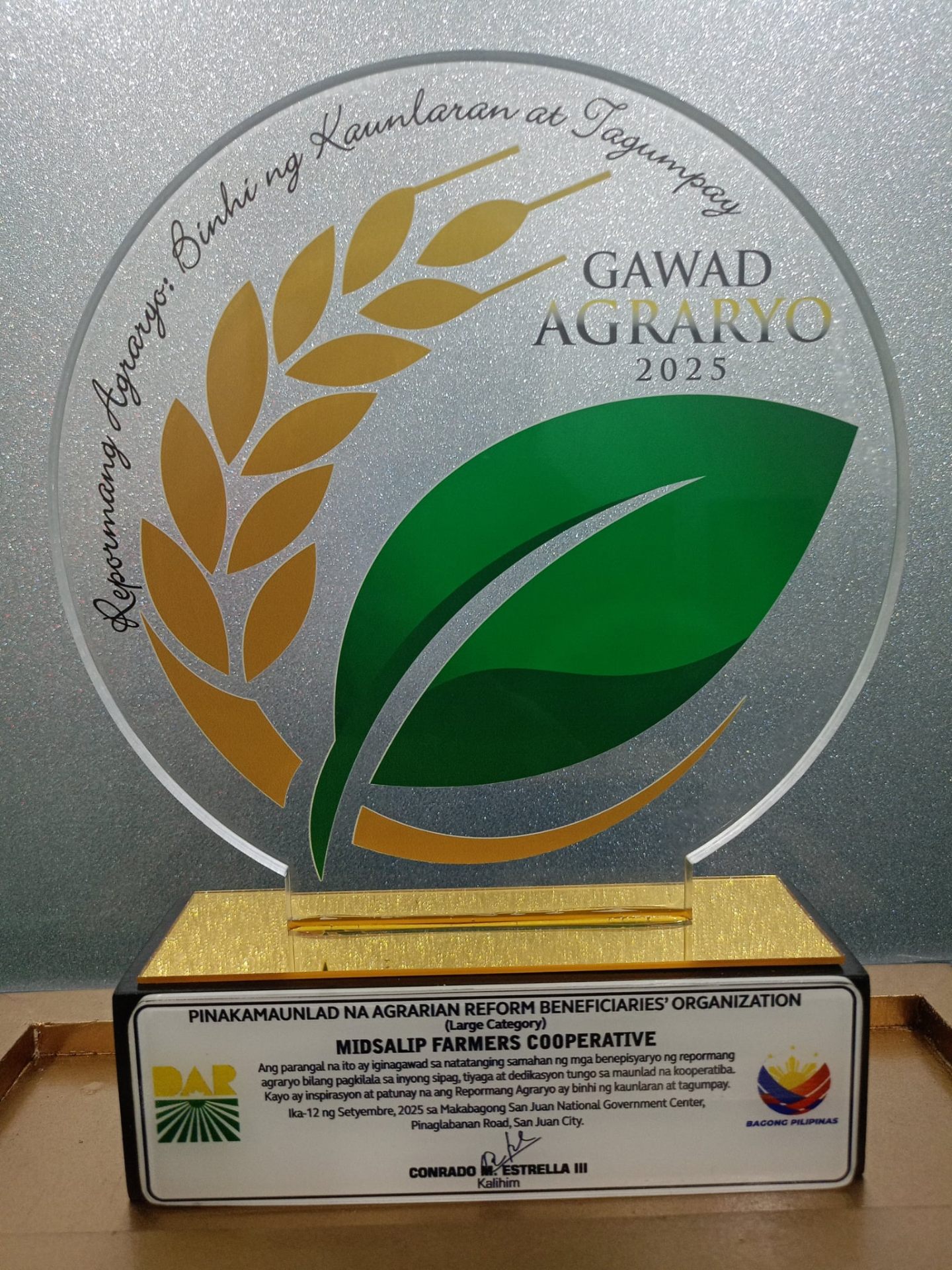 Gawad Agraryo 2025 plaque awarded to Midsalip Farmers Cooperative