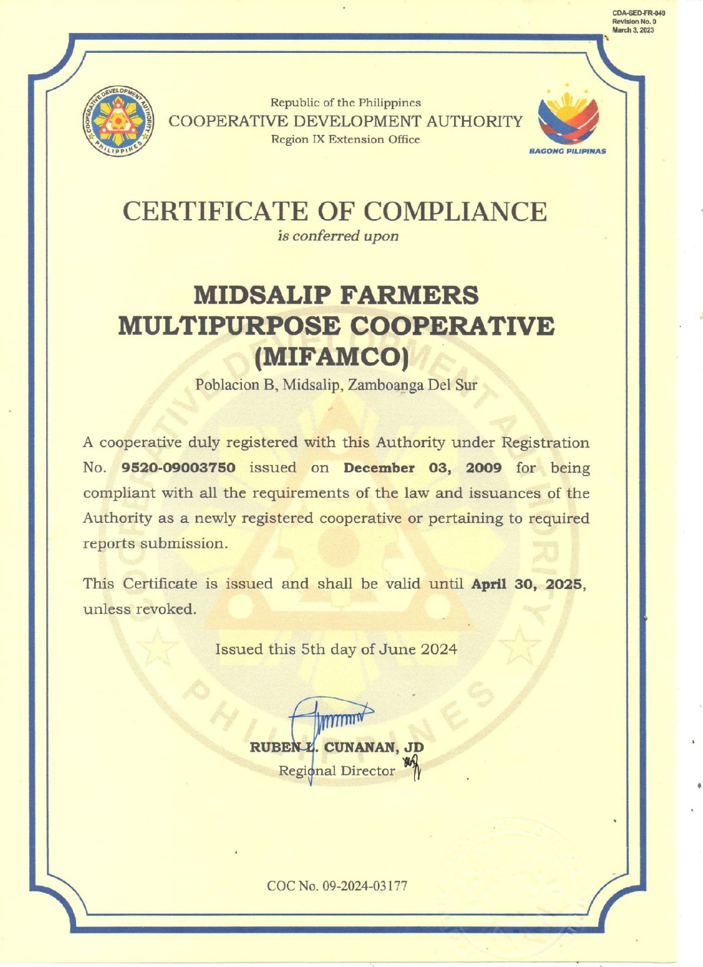 CDA Certificate of Compliance