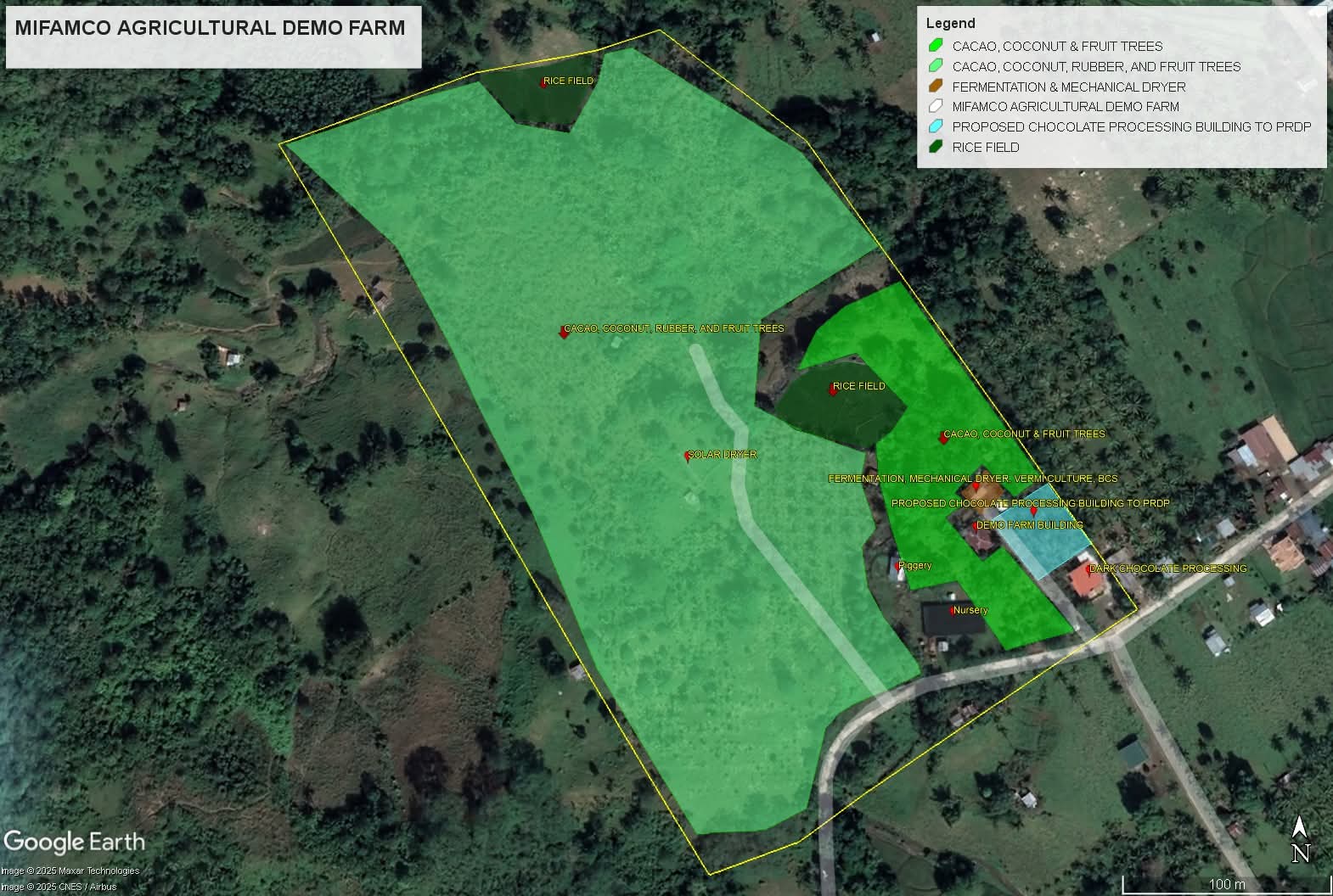 Aerial map of the MIFAMCO Agricultural Demo Farm showing cacao, coconut, rubber and fruit tree areas, rice fields, solar dryer, fermentation facility and processing buildings